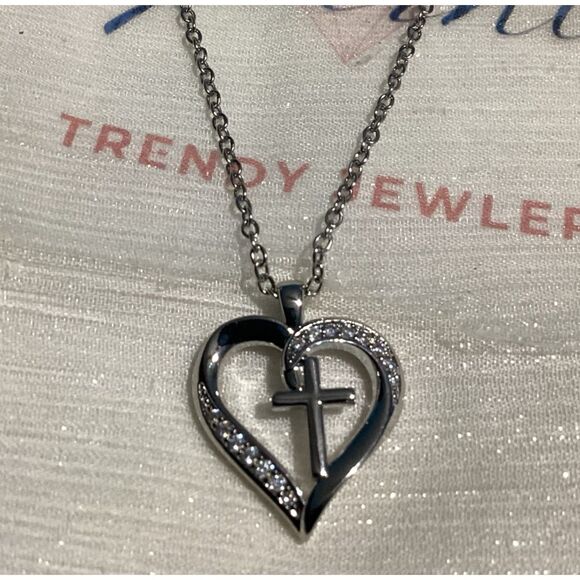 Sentimental Silver Cz Diamond Pave Sparkling Heart Cross Necklace - Picture 16 of 16